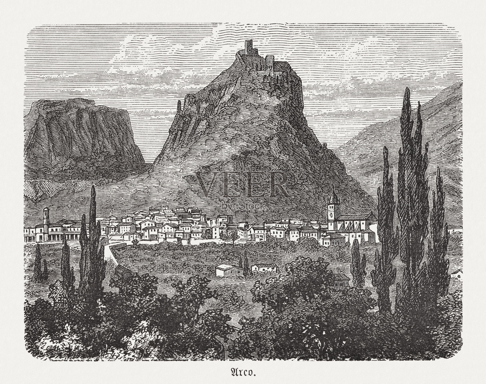 意大利特伦蒂诺阿科的历史观点，木刻，出版于1893年插画图片素材