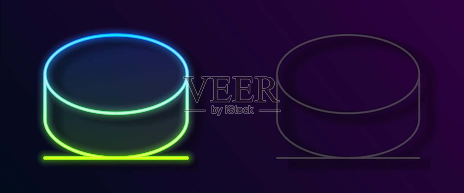 发光的霓虹灯线冰球图标孤立的黑色背景。向量插画图片素材