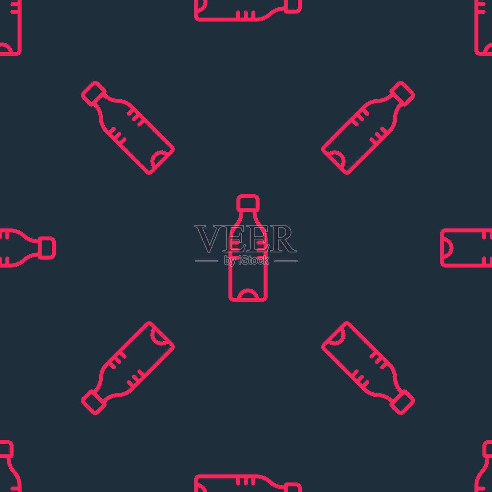 红线瓶装水图标隔离无缝图案黑色背景。苏打水饮料的标志。向量插画图片素材