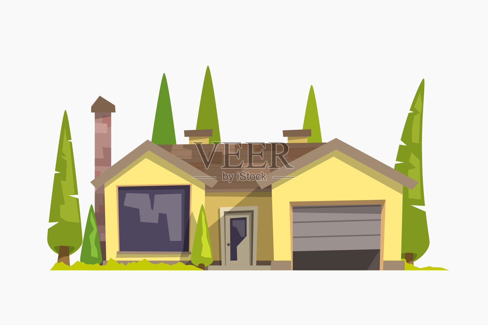 黄色的房子正面有松树花园插画图片素材