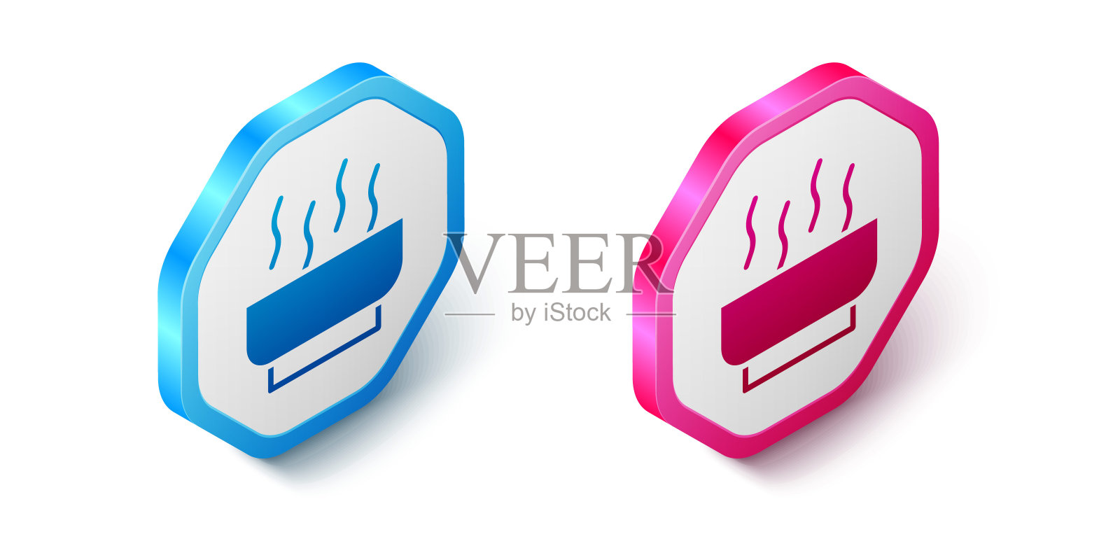 等距拉面汤碗与面条图标隔离在白色背景。一碗传统的亚洲面汤。六角按钮。向量图标素材