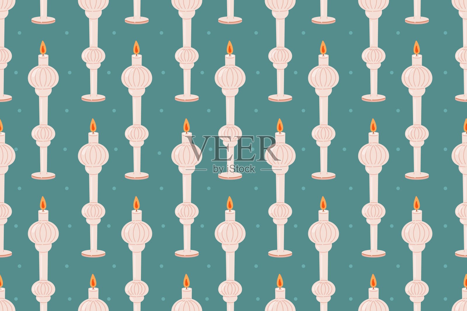 装饰老式室内设计平蜡烛在烛台。矢量无缝卡通图案。插画图片素材