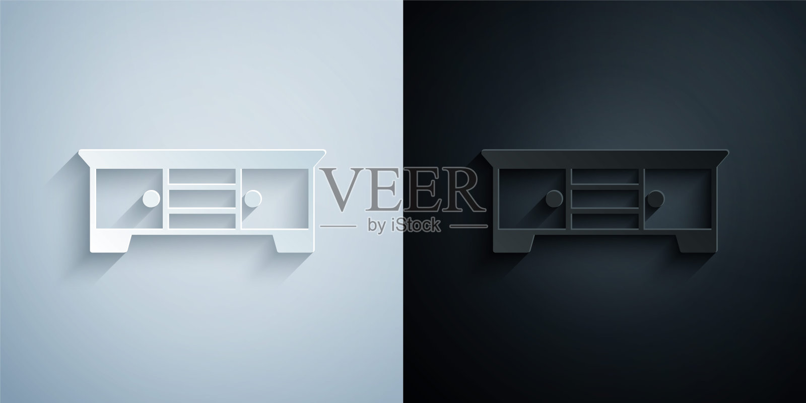 剪纸电视桌站图标隔离在灰色和黑色的背景。纸艺风格。向量插画图片素材