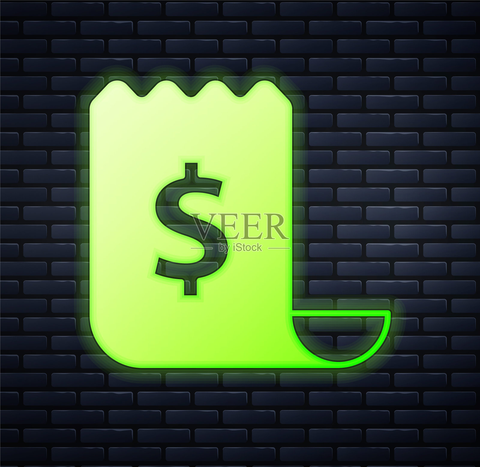 发光的霓虹灯纸张检查和财务检查图标隔离在砖墙背景。纸质打印支票，商店收据或账单。向量插画图片素材
