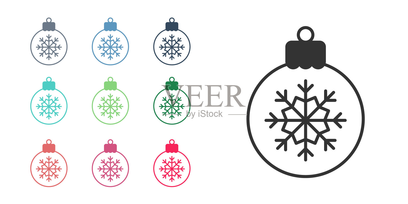 黑色圣诞球图标孤立在白色背景。圣诞快乐，新年快乐。设置图标彩色。向量图标素材