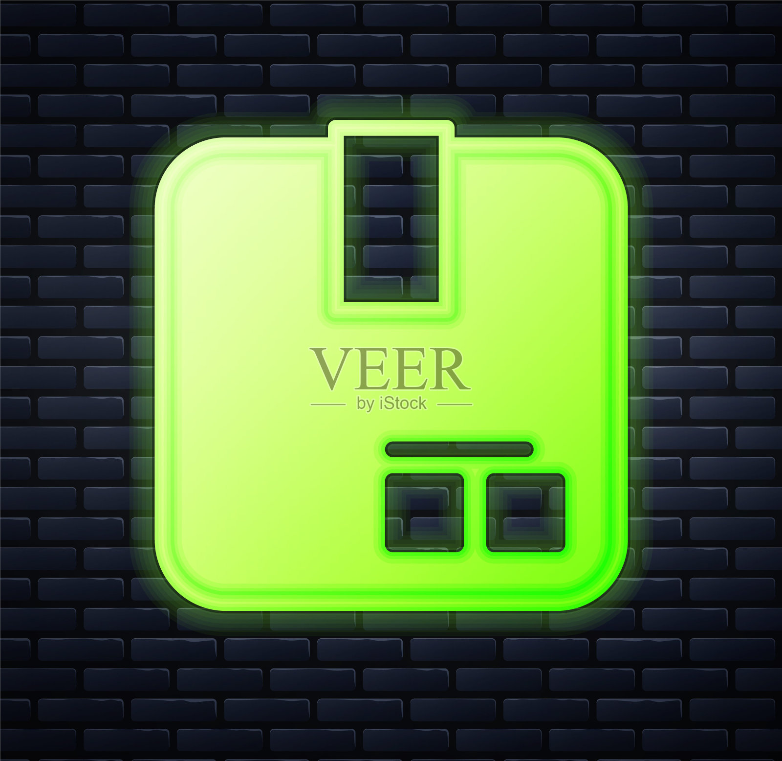 发光的霓虹灯纸箱纸箱图标孤立的砖墙背景。盒子、包装、包裹标志。运输和包装。向量插画图片素材