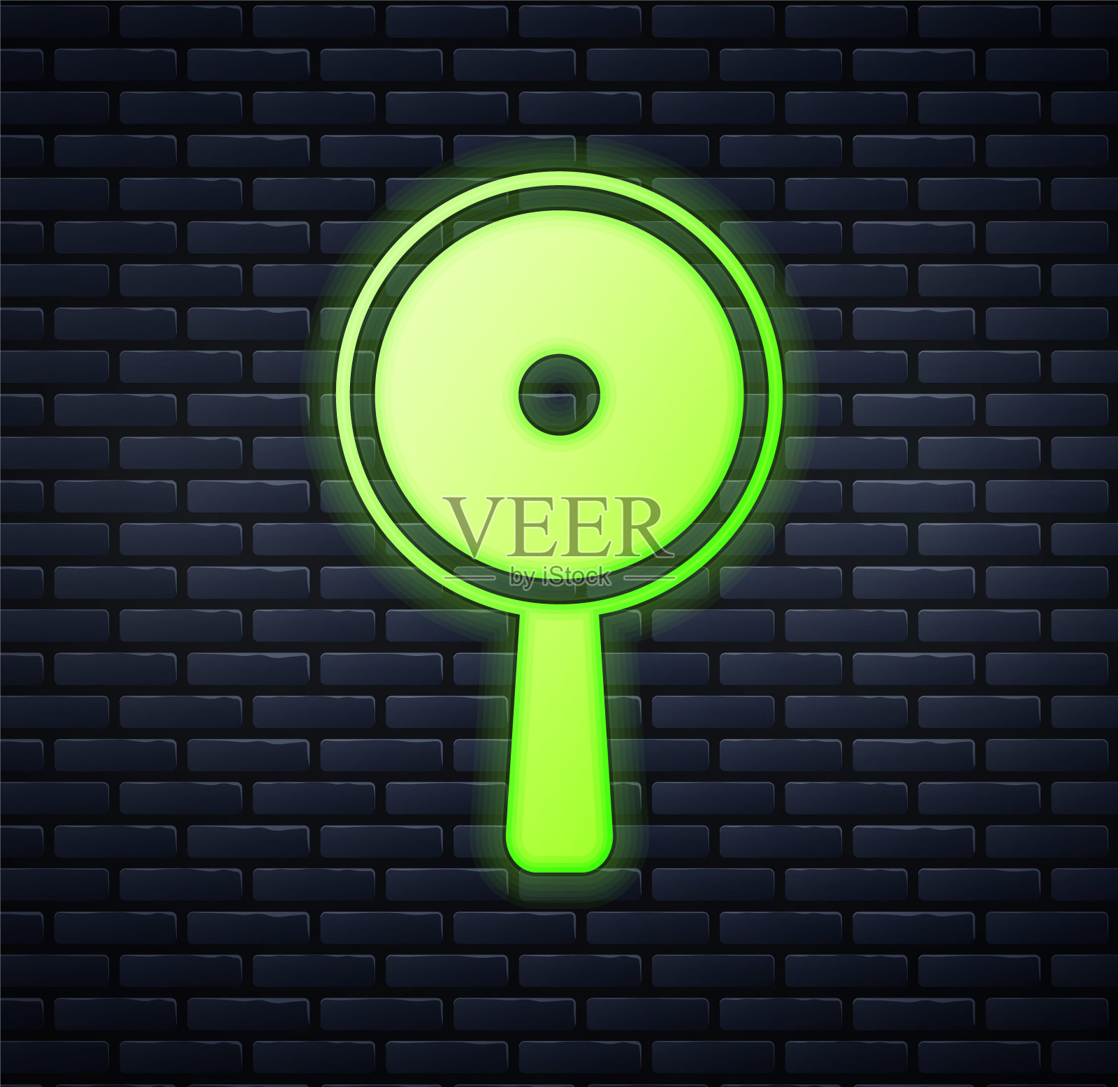 发光的霓虹灯煎锅图标孤立的砖墙背景。油炸或烘烤食品的标志。向量插画图片素材