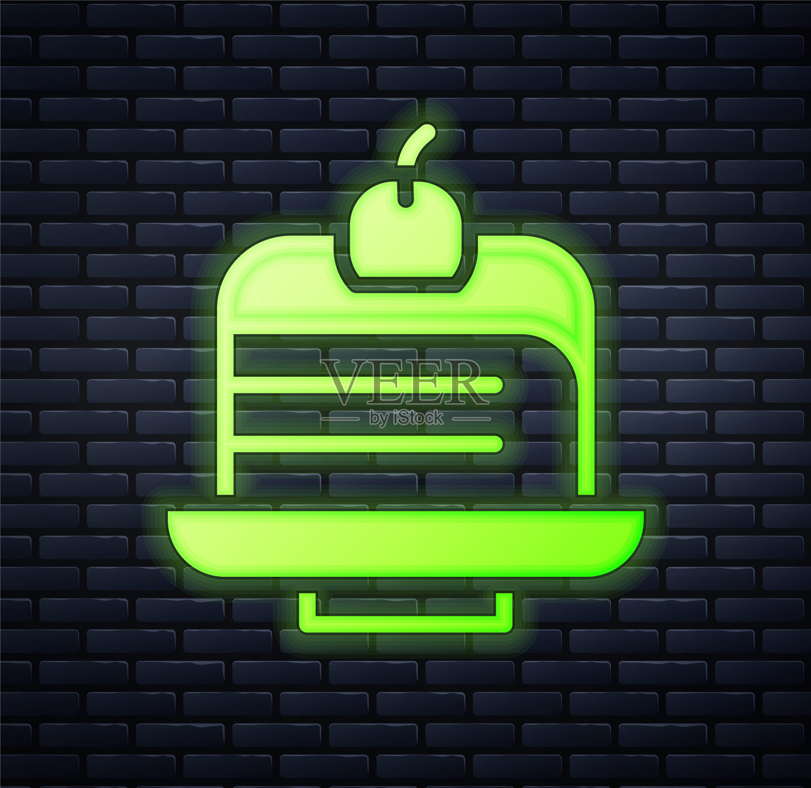 发光的霓虹灯一块蛋糕图标孤立的砖墙背景。生日快乐。向量插画图片素材