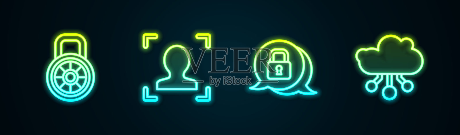 集安全密码锁、人脸识别、网络安全、物联网为一体。发光的霓虹灯图标。向量插画图片素材