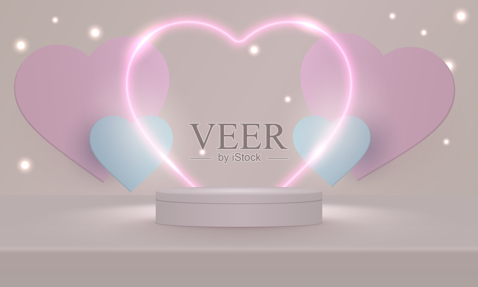 舞台讲台上装饰着心形的灯光。台座场景与产品，广告，展示，在浅粉红色的背景。情人节的概念。爱的背景。最小的风格。矢量插图。插画图片素材