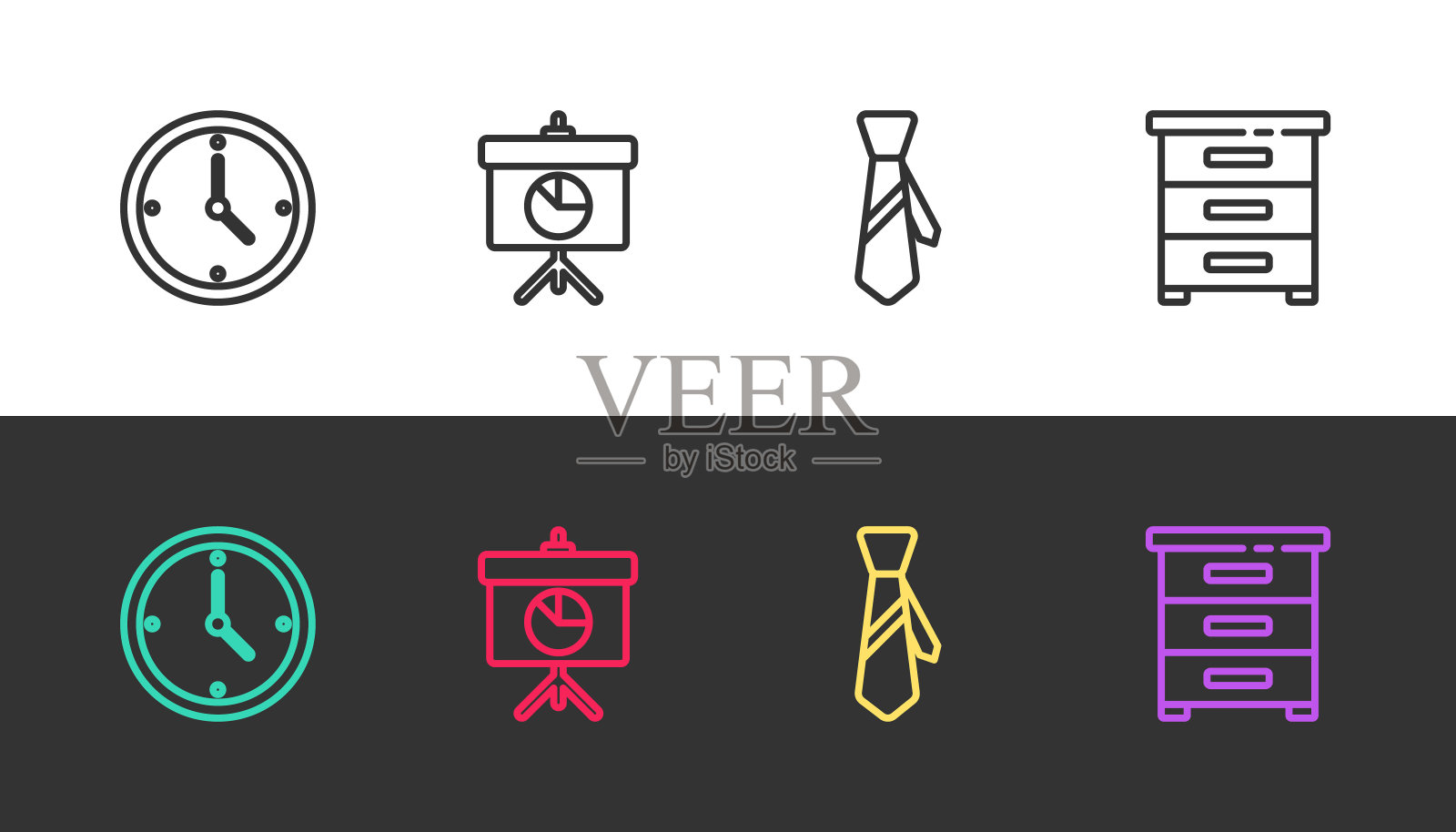 设置黑白线时钟，带图表的黑板，领带和抽屉文件。向量插画图片素材