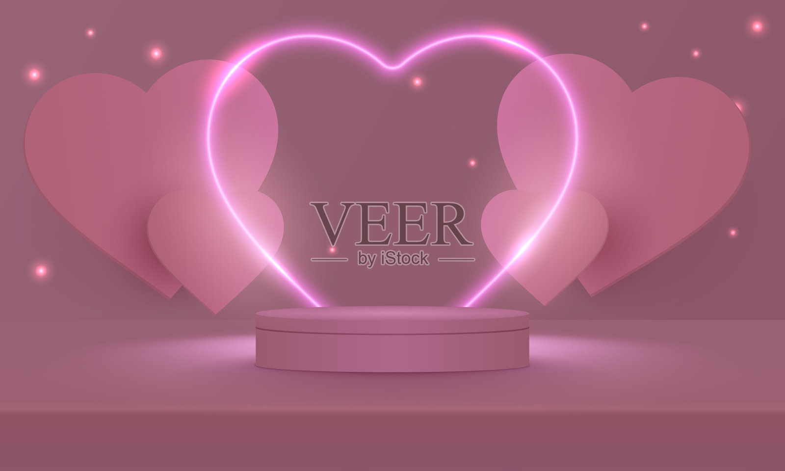 舞台讲台上装饰着心形的灯光。台座场景与产品，广告，展示，在浅粉红色的背景。情人节的概念。爱的背景。最小的风格。矢量插图。插画图片素材