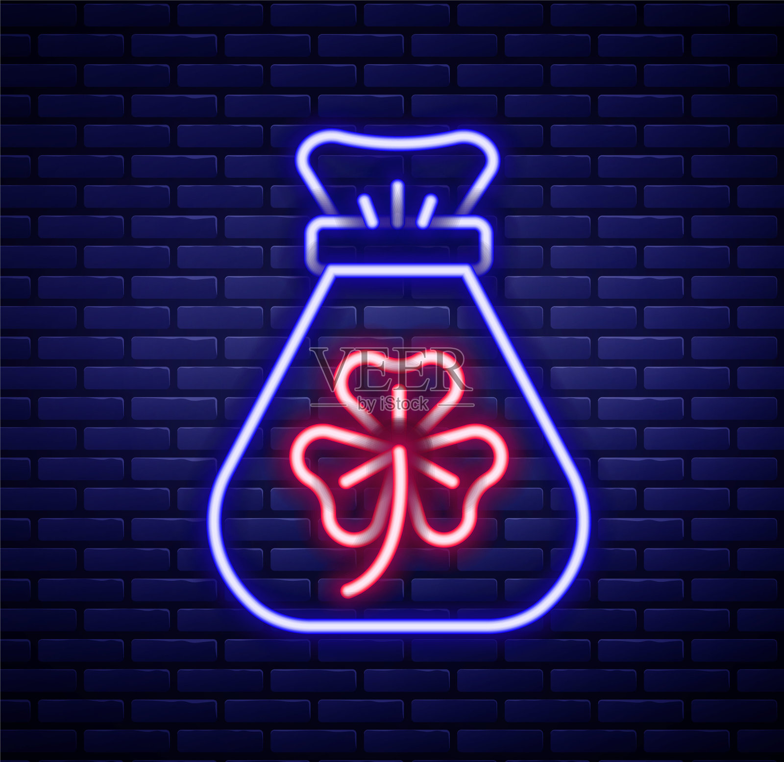 发光的霓虹线钱袋与三叶草三叶草图标隔离在砖墙背景。圣帕特里克节快乐。爱尔兰国家假日。色彩缤纷的轮廓概念。向量插画图片素材