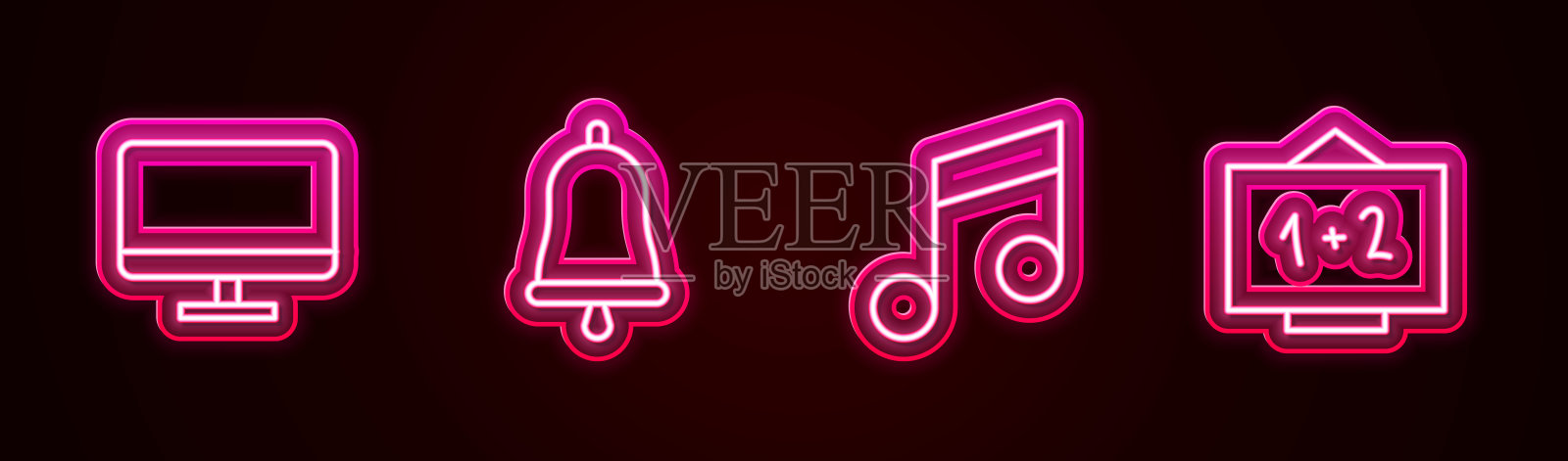 设置线路电脑显示器屏幕，铃声，音符，音调和黑板。发光的霓虹灯图标。向量图标素材