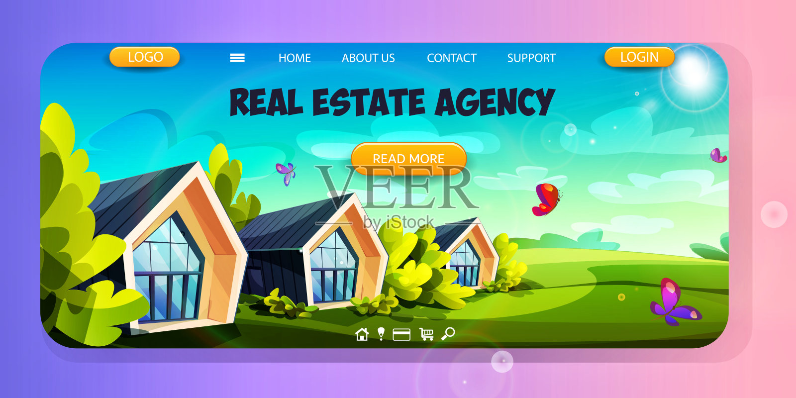 一个漫画风格的房地产机构的乡村房屋销售的创意插图。阳光明媚的夏季景观，在郁郁葱葱的绿色背景下出售乡村房屋。插画图片素材