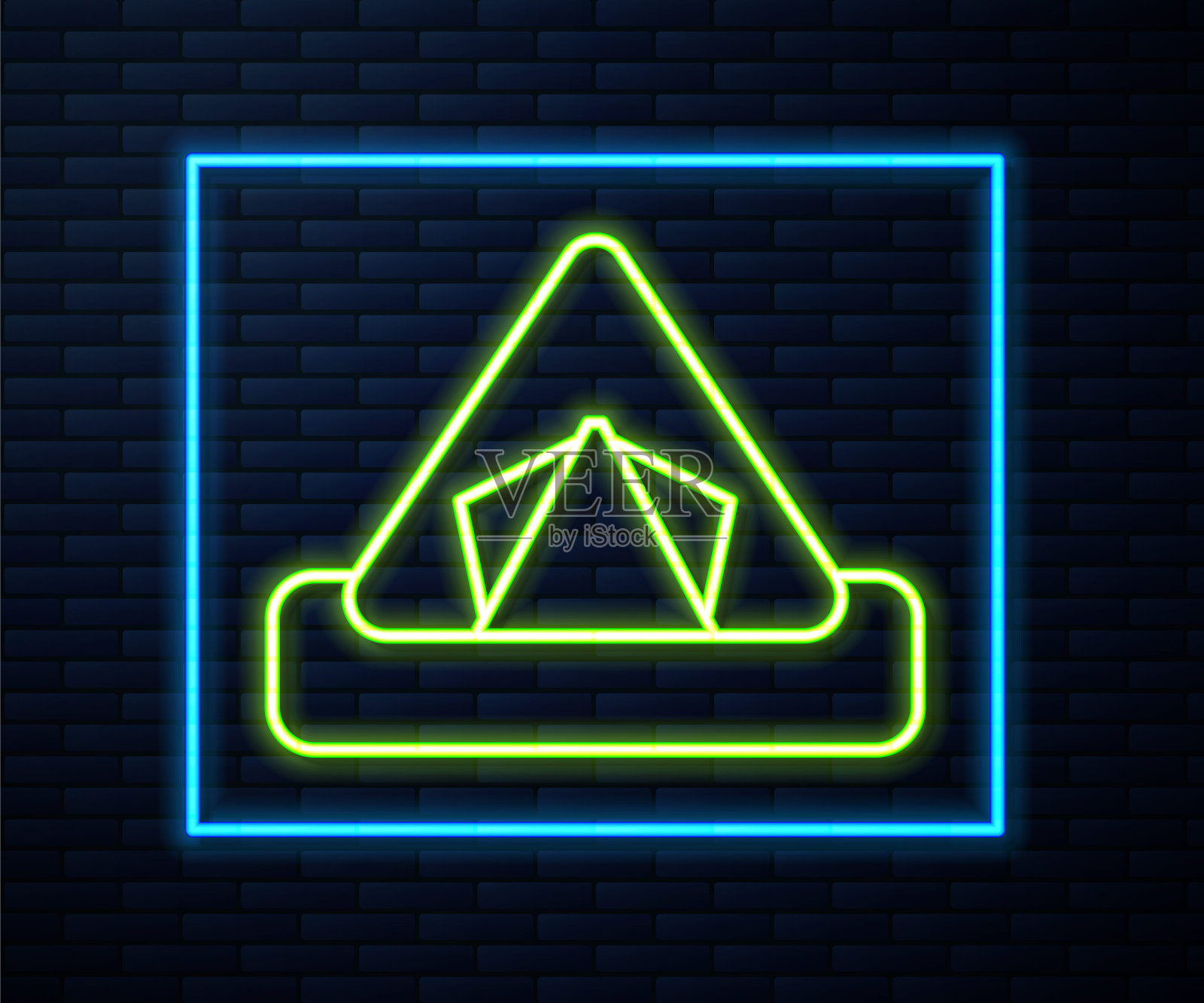 发光的霓虹灯线旅游帐篷图标孤立的砖墙背景。露营的象征。向量插画图片素材