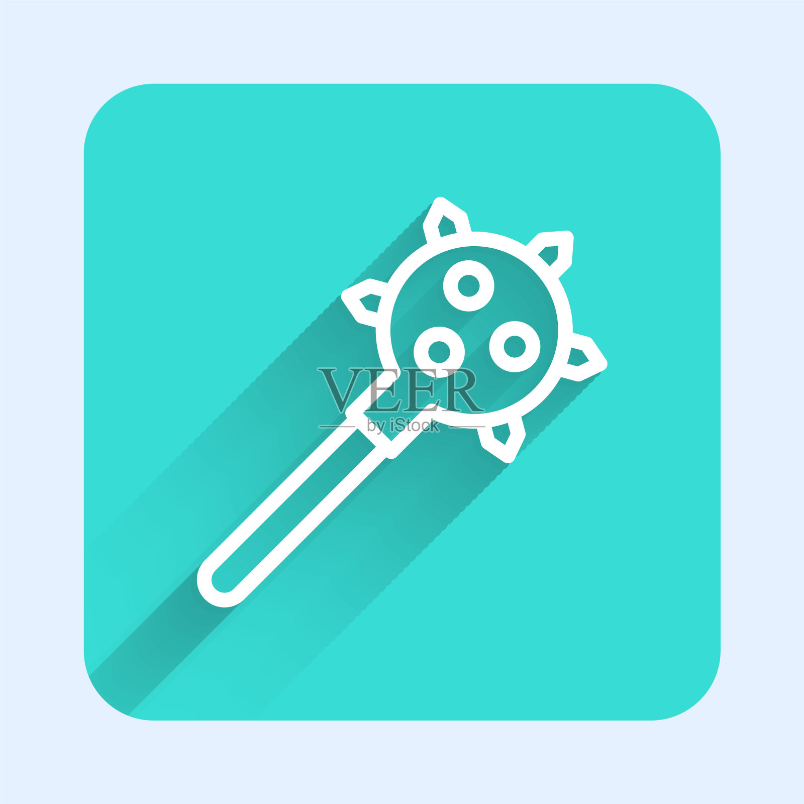 白线中世纪锁链锤球图标孤立与长阴影背景。摩根斯特中世纪的武器或带尖刺的狼牙棒。绿色方形按钮。向量插画图片素材