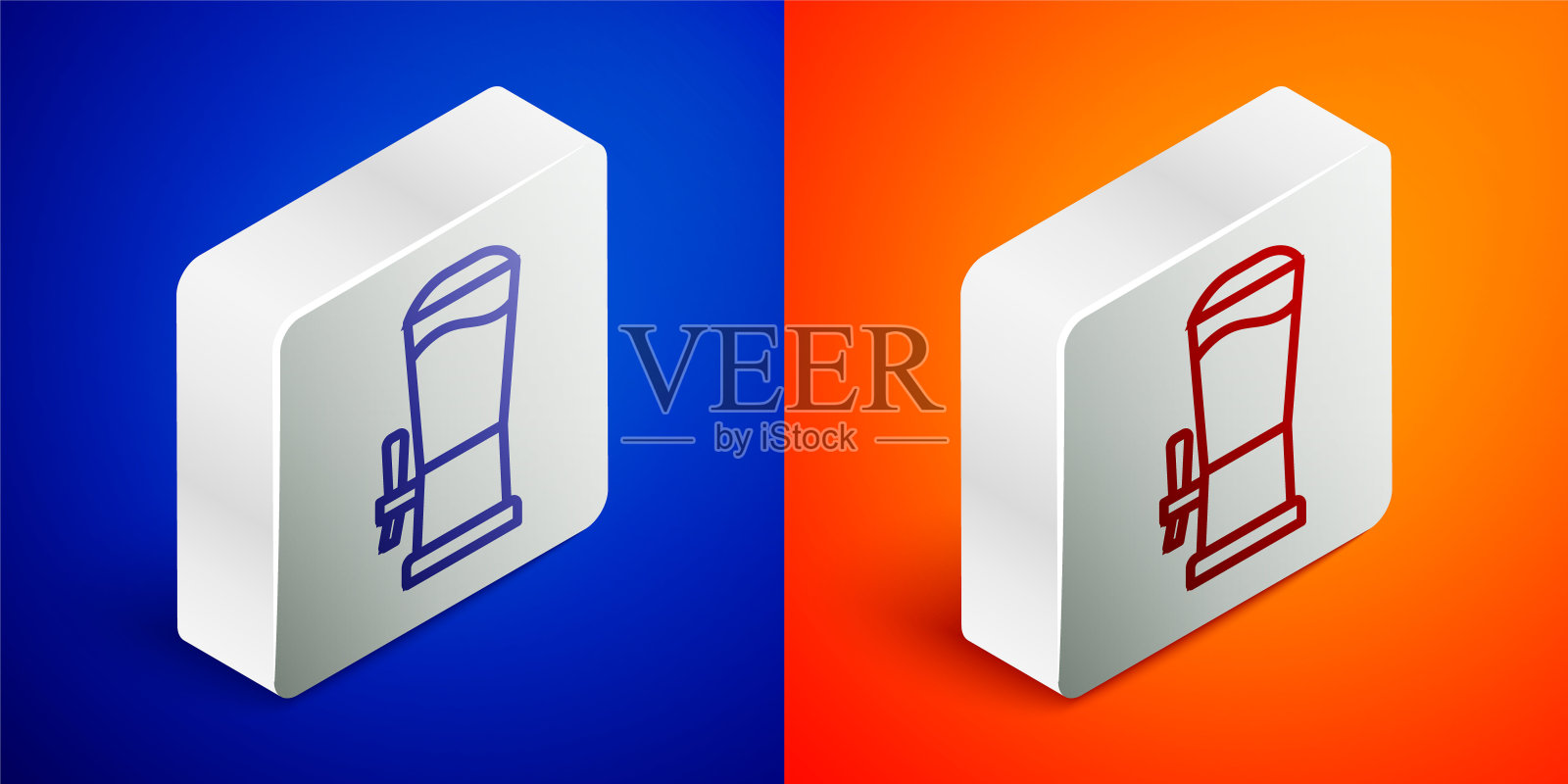 啤酒龙头图标隔离在蓝色和橙色的背景。银色方形按钮。向量图标素材