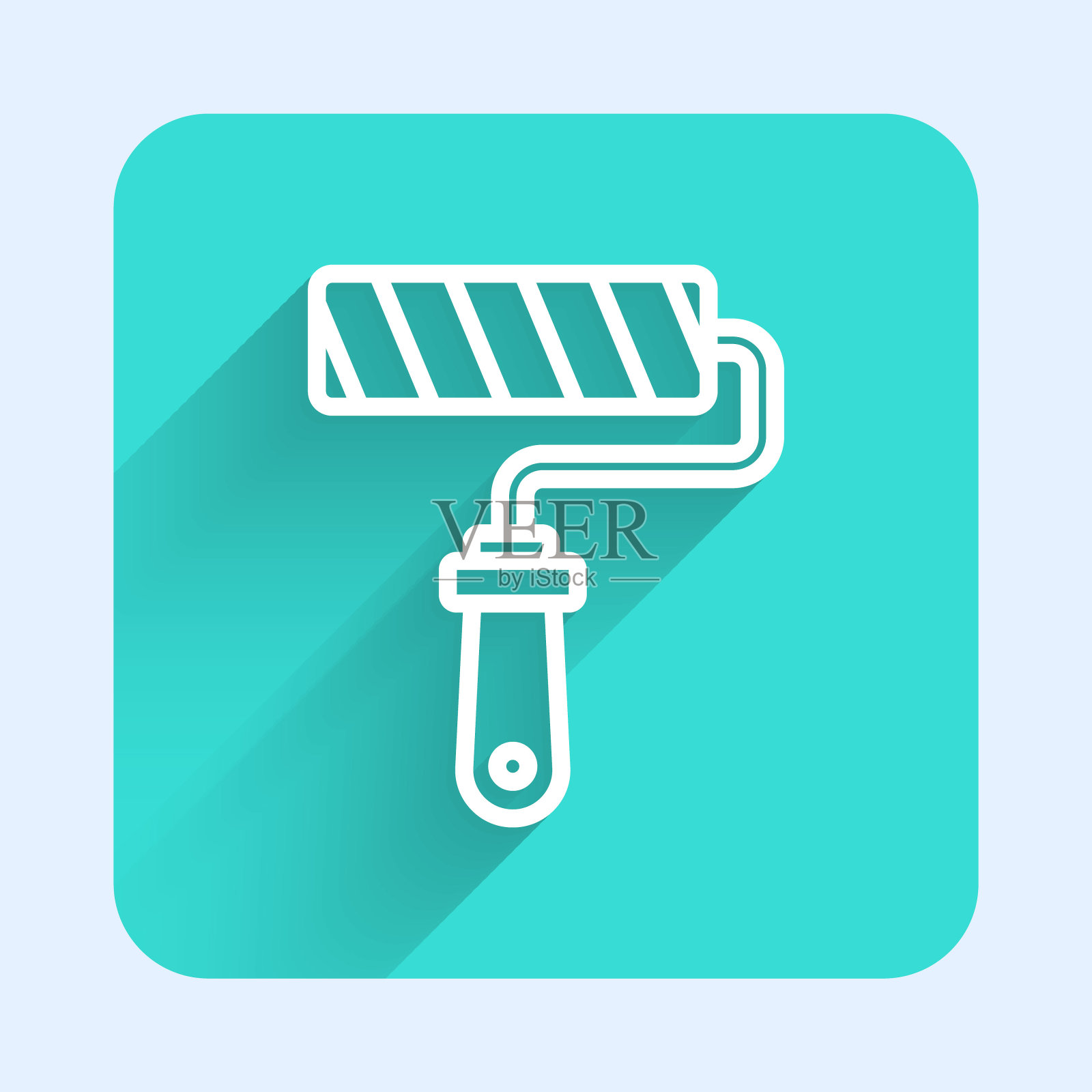 白线漆辊刷图标孤立的长阴影背景。绿色方形按钮。向量插画图片素材