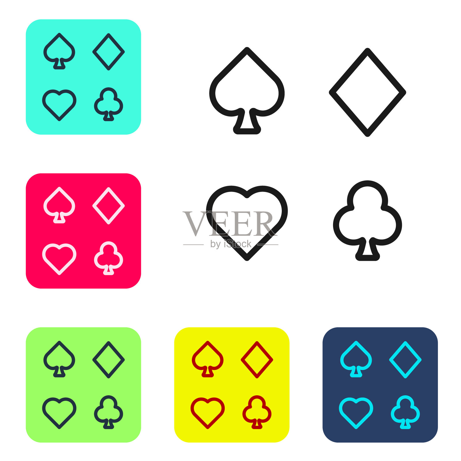 黑线甲板的纸牌图标孤立在白色背景。赌场赌博。设置图标为彩色方形按钮。向量图标素材