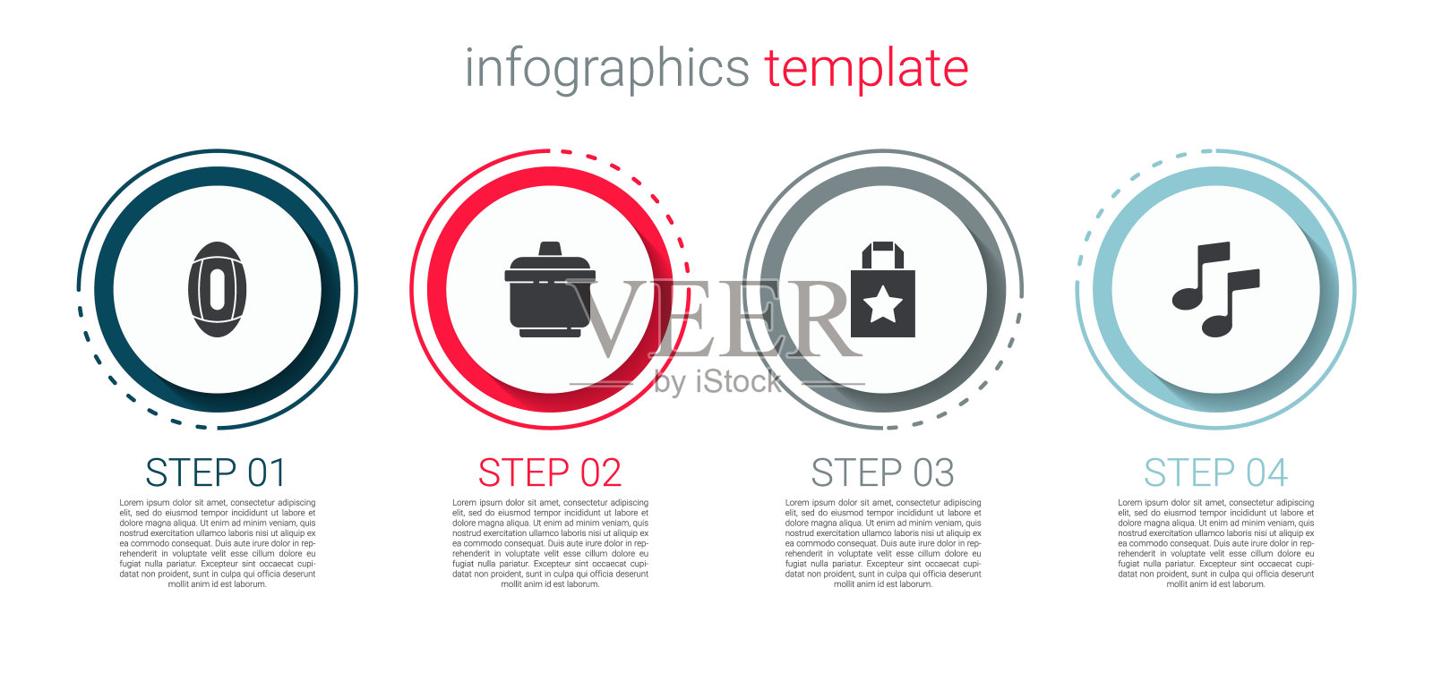 设置美式橄榄球，烹饪锅，纸质购物袋和音乐音符，音调。业务信息图表模板。向量设计模板素材