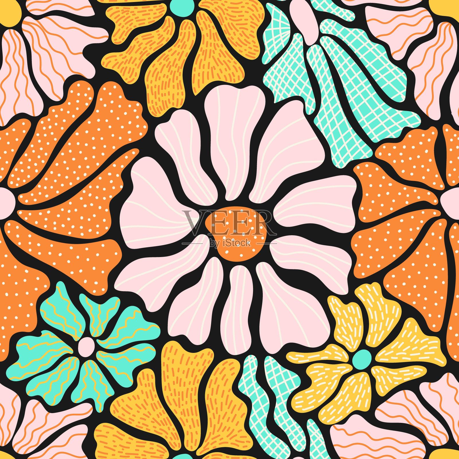 无缝图案与彩色复古groovy花在黑色。夏日简约抽象的设计以天真的艺术风格呈现。60年代复古风格的植物。彩色迷幻背景插画图片素材