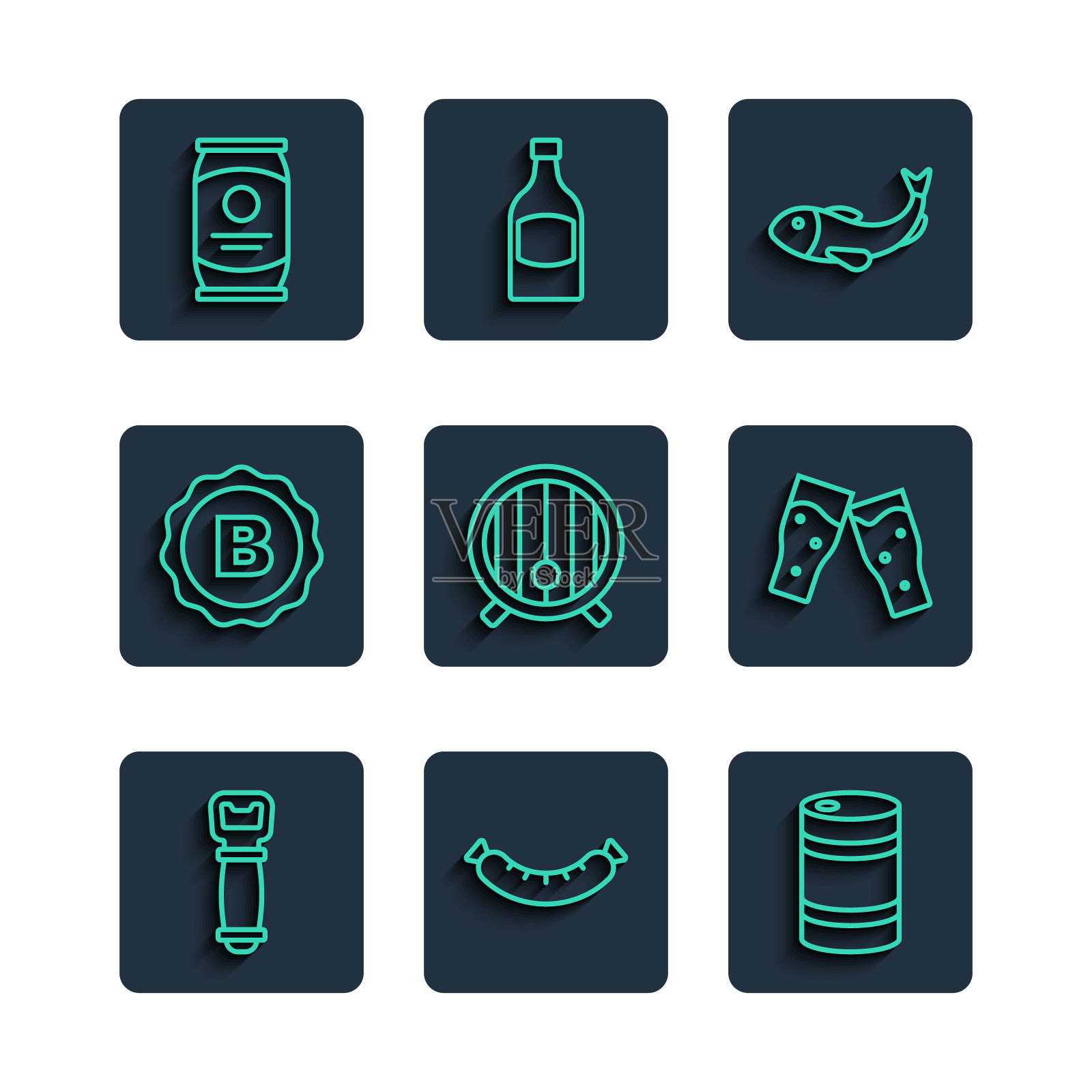 集开瓶器，香肠，金属啤酒桶，干鱼，木桶，瓶盖，啤酒罐和图标玻璃。向量图标素材