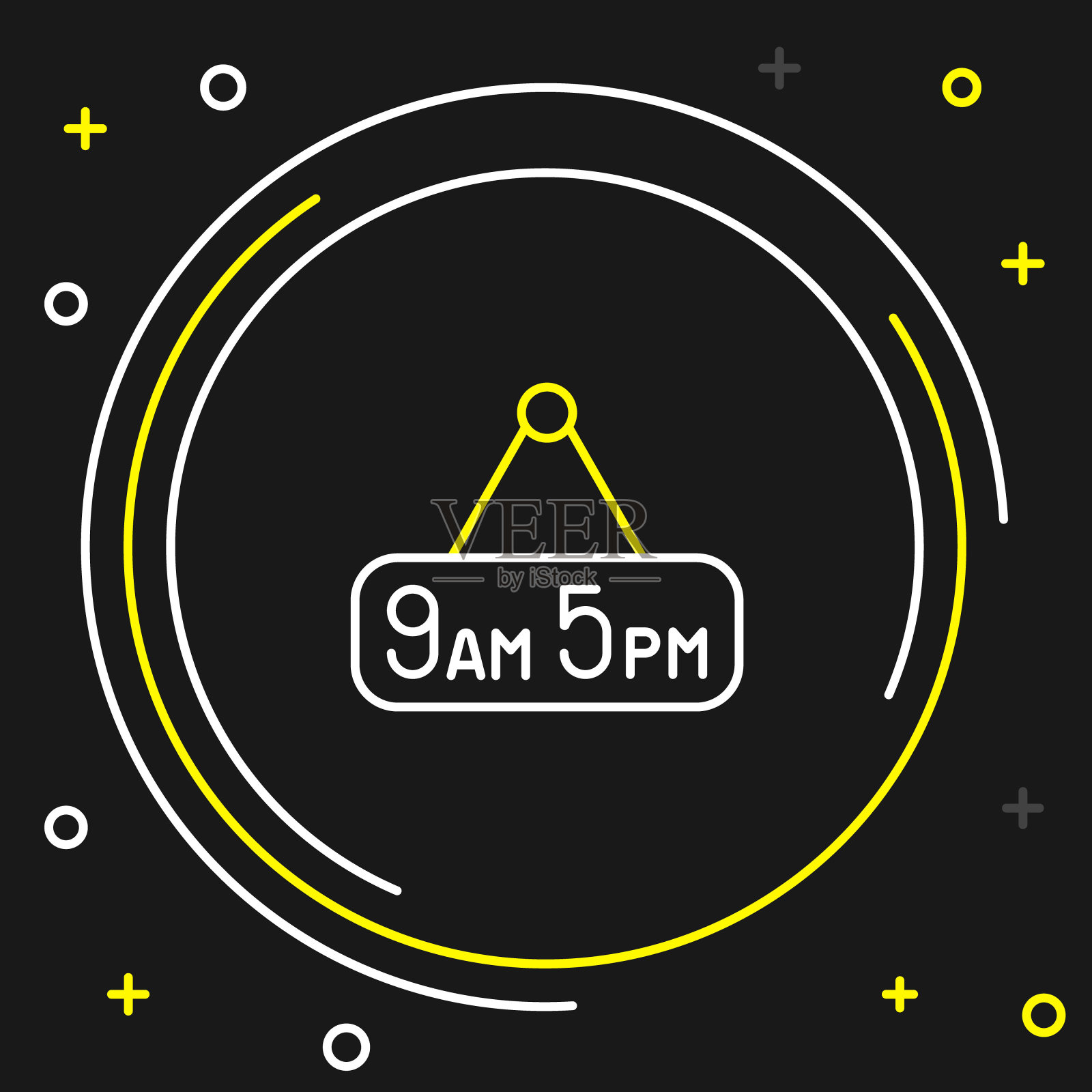 行从9到5的工作图标孤立的黑色背景。概念含义:工作时间安排，日常工作，经典传统就业。色彩缤纷的轮廓概念。向量插画图片素材