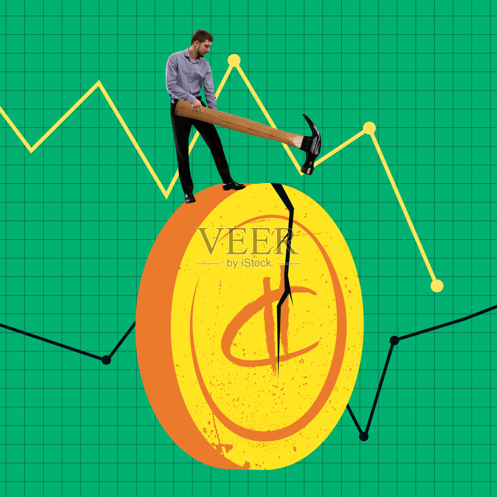 当代艺术拼贴。商人把硬币压在金融箭头上。危机。陷入困境的公司照片摄影图片