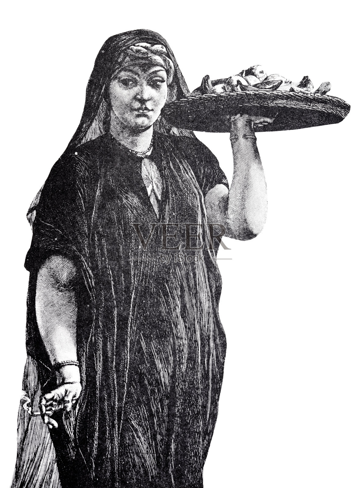 抽烟的女人戴着头巾，端着水果托盘，黑色长袍，白色背景插画图片素材