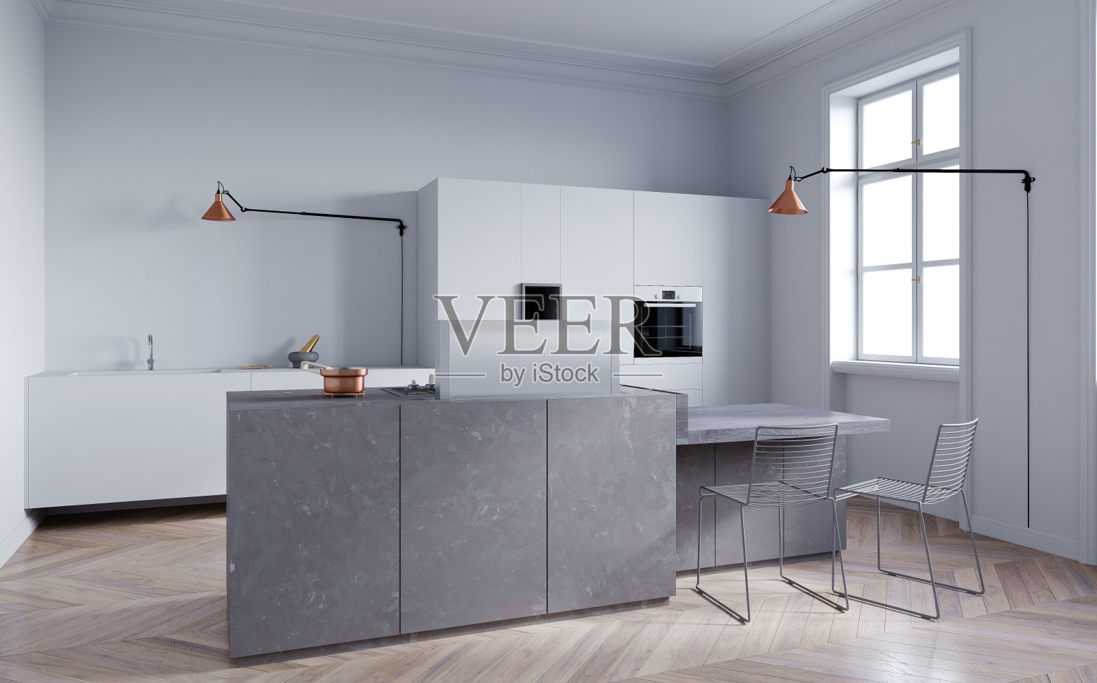 室内设计，现代厨房与中央岛烹饪浮动橱柜和白色货架。三维演示照片摄影图片