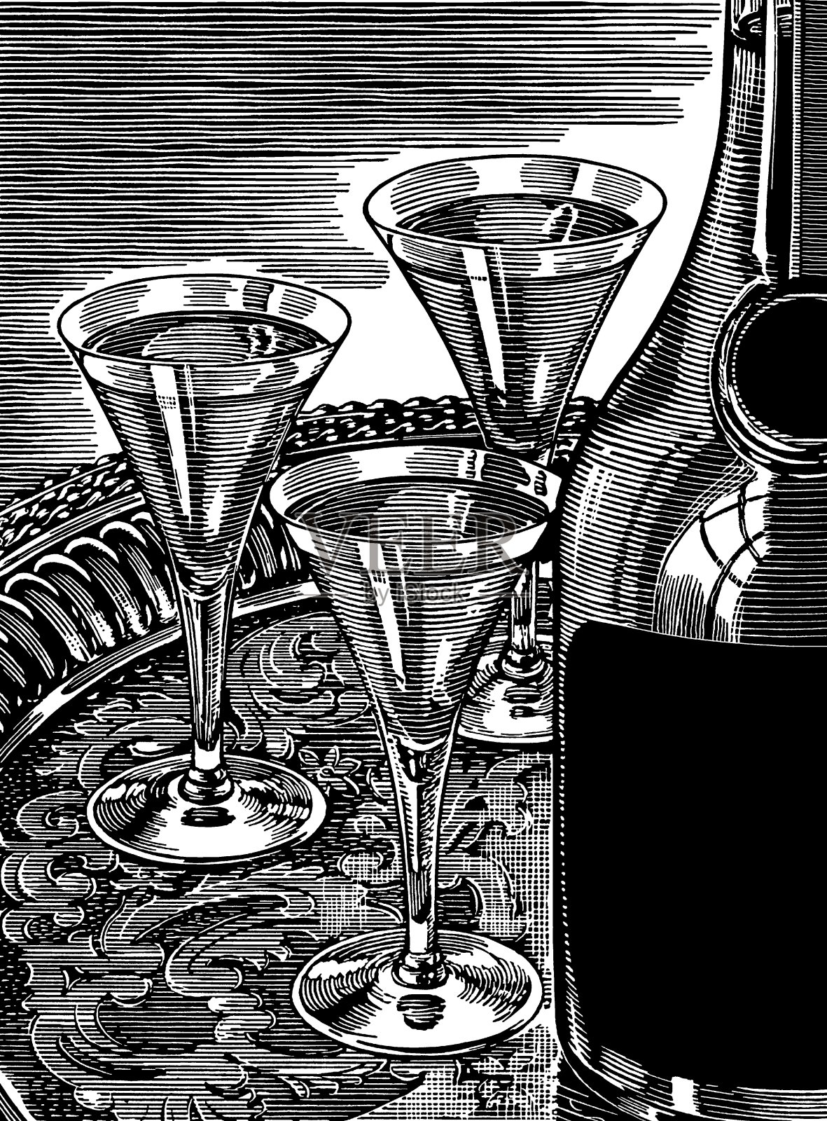 一个瓶子和三个甜酒杯插画图片素材