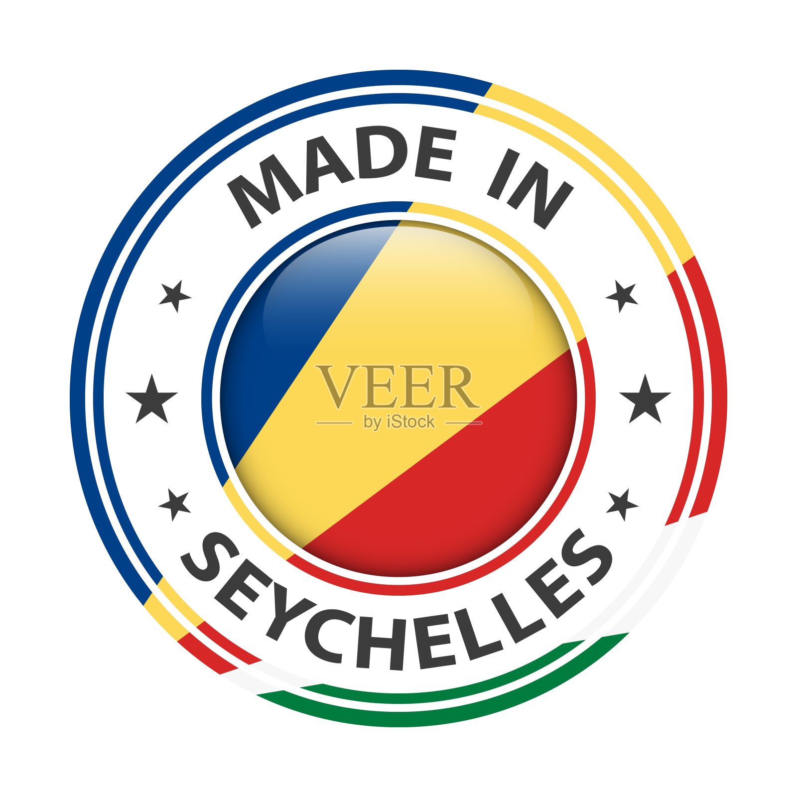 塞舌尔制造徽章矢量。有星星和国旗的贴纸。标志孤立在白色背景上。插画图片素材