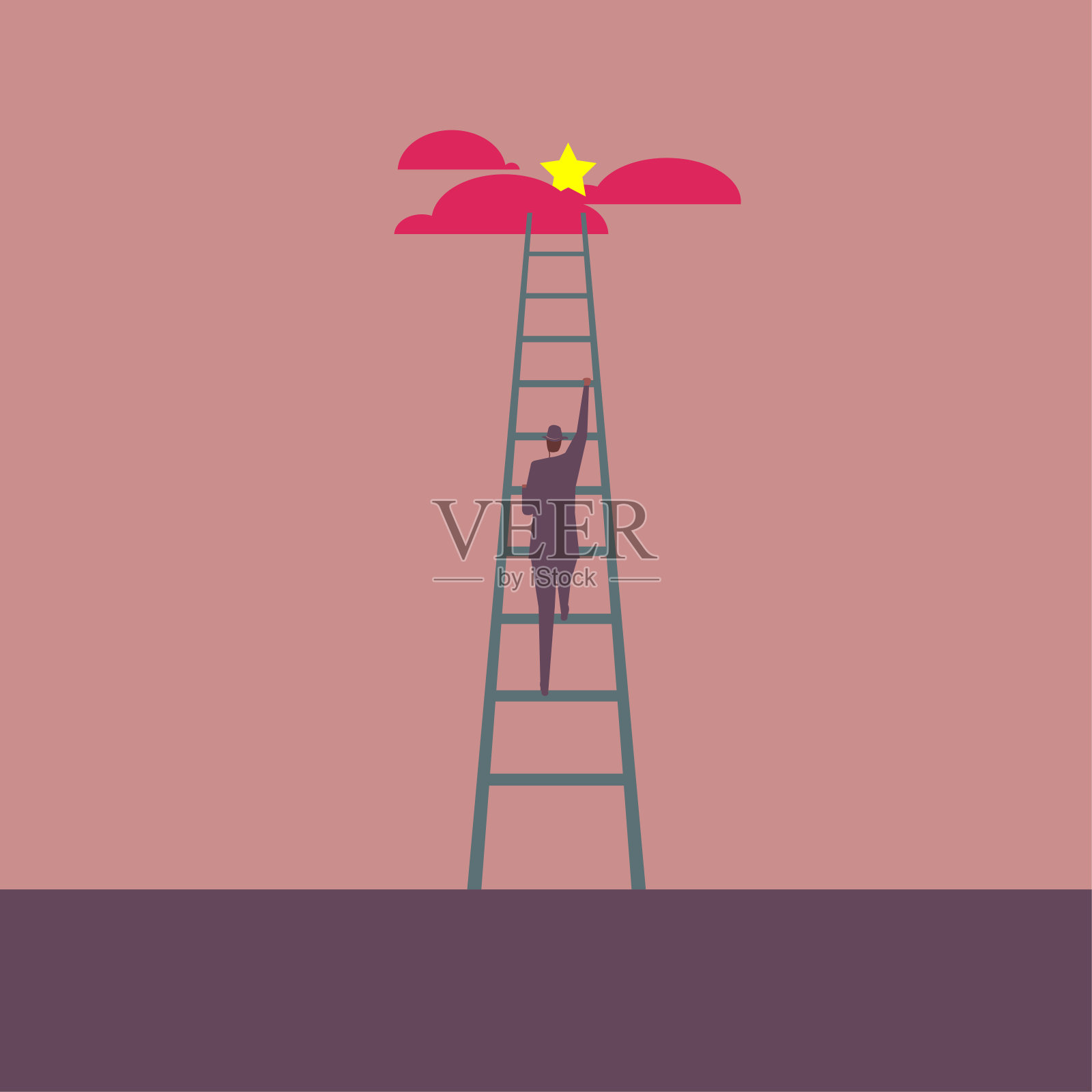 商人用梯子在半空中获得一颗五角星。插画图片素材