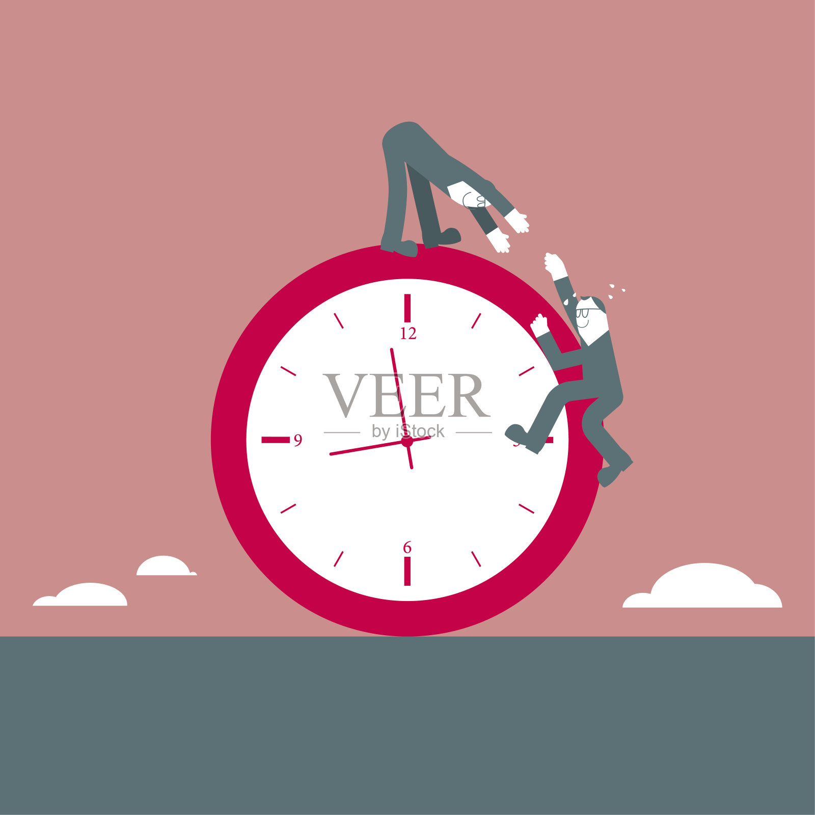 两个人爬上了钟。插画图片素材