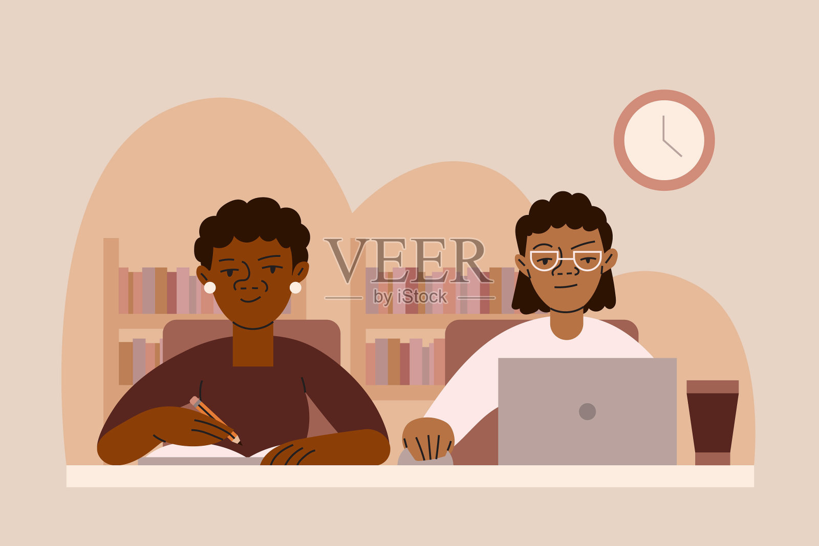 两个年轻的黑人朋友在图书馆一起学习插画图片素材