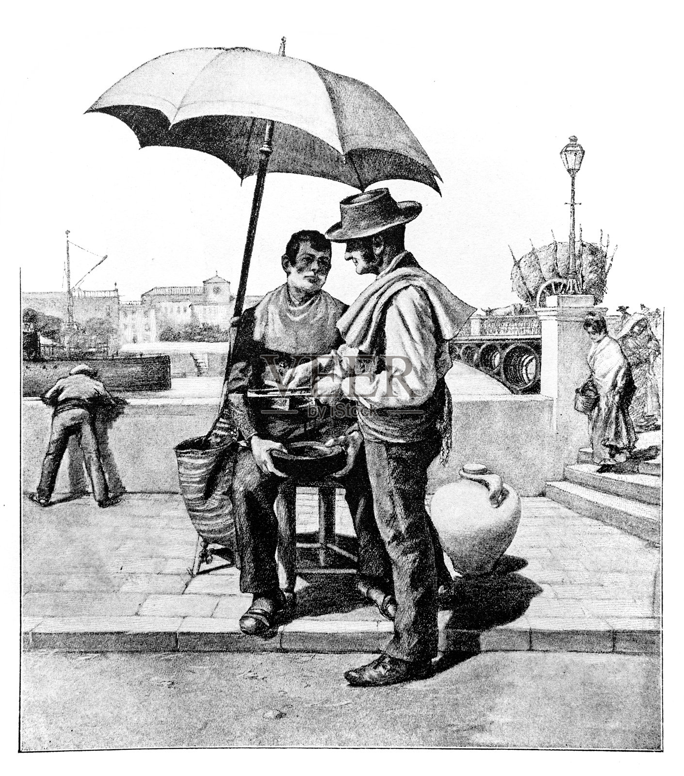 西班牙塞维利亚街头的理发师插画图片素材