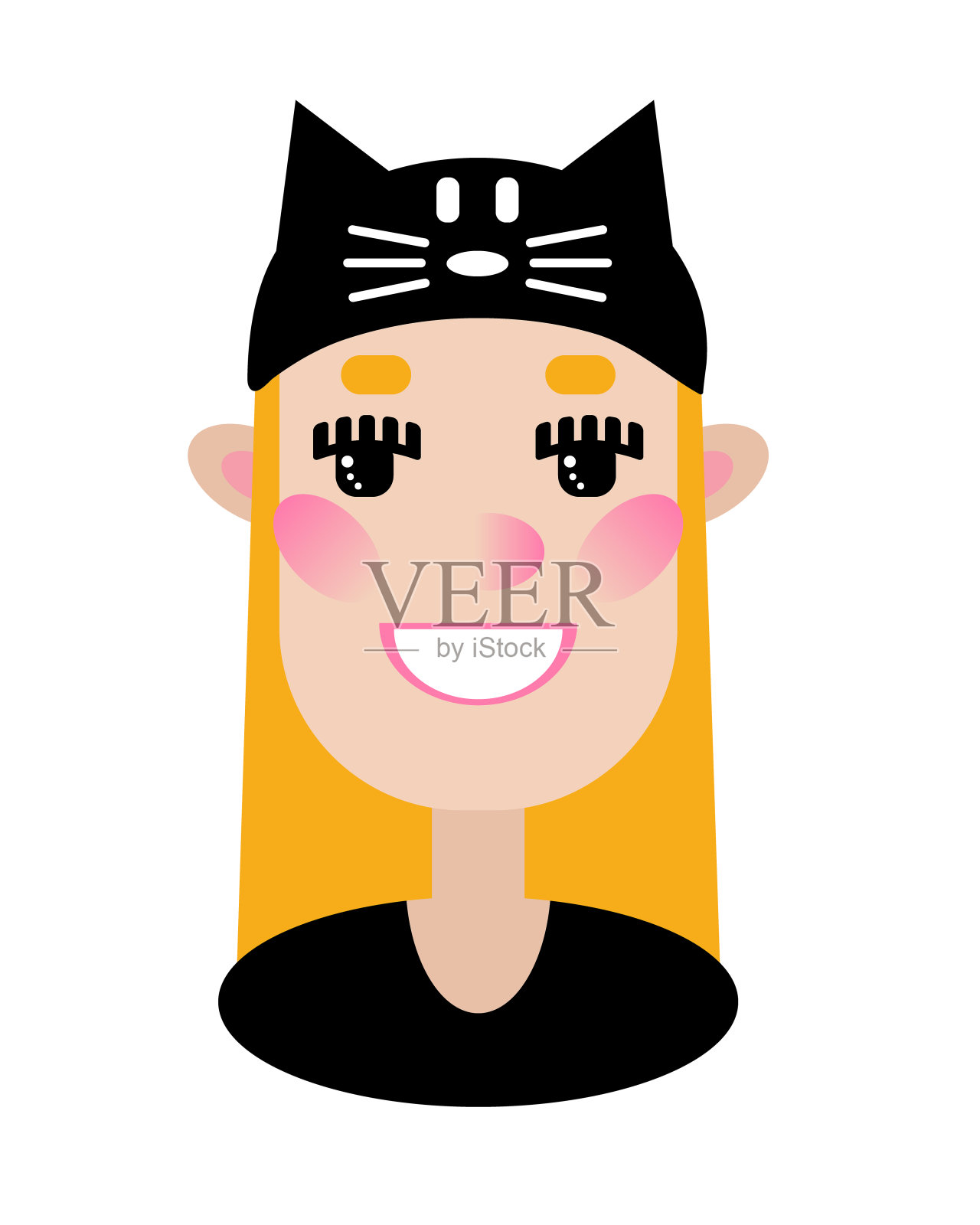 一个可爱的卡通女孩的肖像，戴着一顶带猫耳朵的帽子。平淡风格的搞笑角色。《阿凡达》,图标,元素。插画图片素材