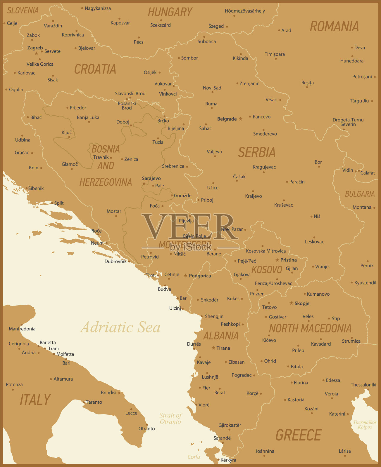 中巴尔干地区地图。欧洲插图与希腊，北马其顿，意大利，罗马尼亚，黑山和克罗地亚地理边界插画图片素材