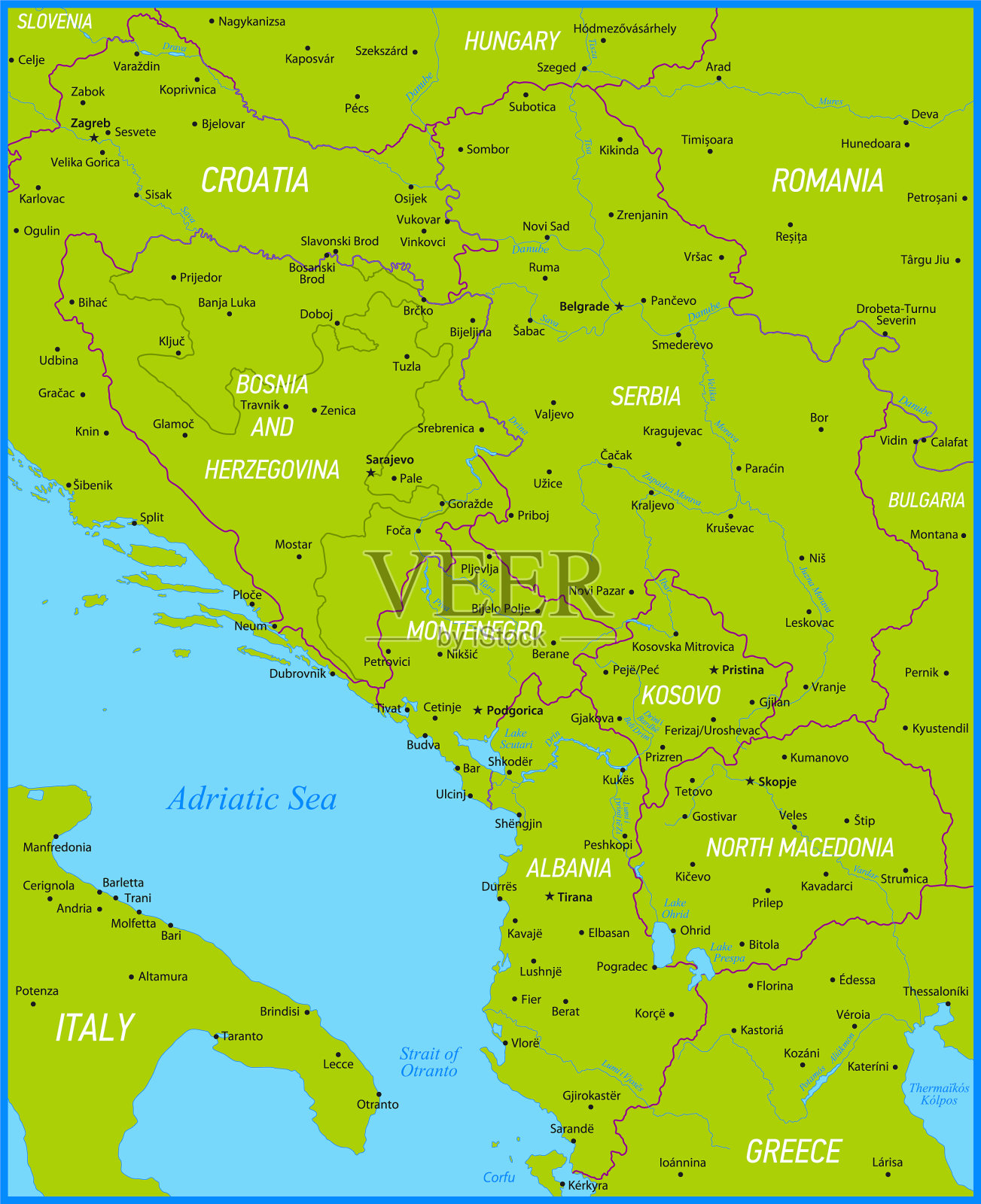 中巴尔干地区绿色地图与黑山，意大利，希腊，罗马尼亚，塞尔维亚，北马其顿，克罗地亚和河流，首都城市插画图片素材
