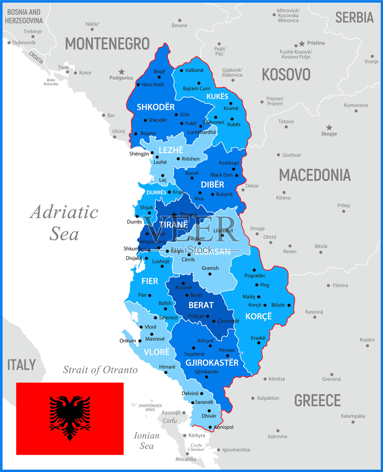 阿尔巴尼亚国旗地图。矢量蓝色插图与国家边界插画图片素材