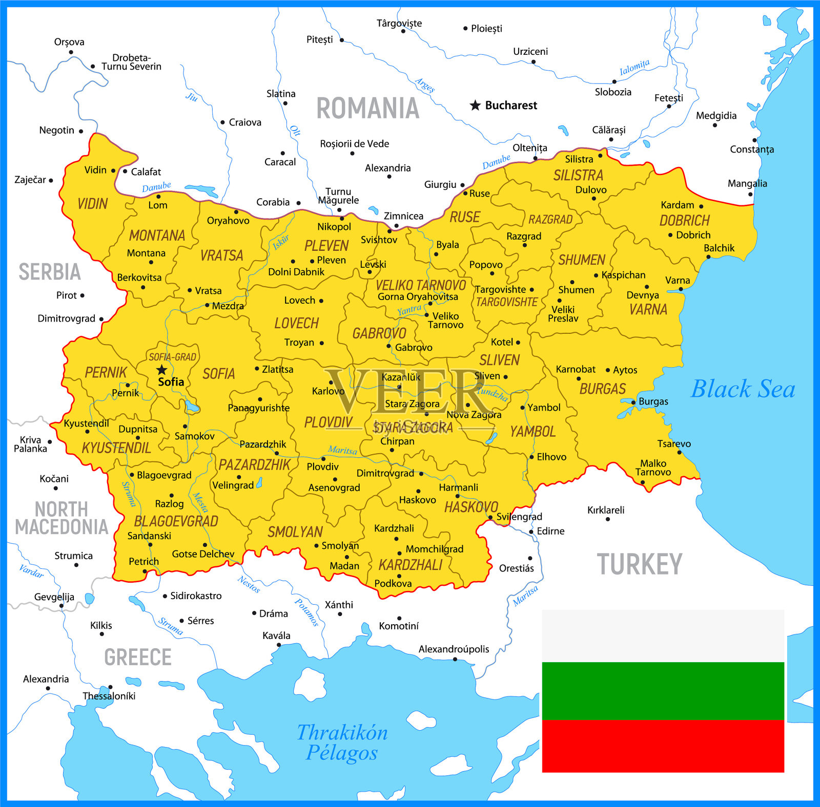 保加利亚矢量地图与区域，湖泊，河流，国旗和地理边界插画图片素材