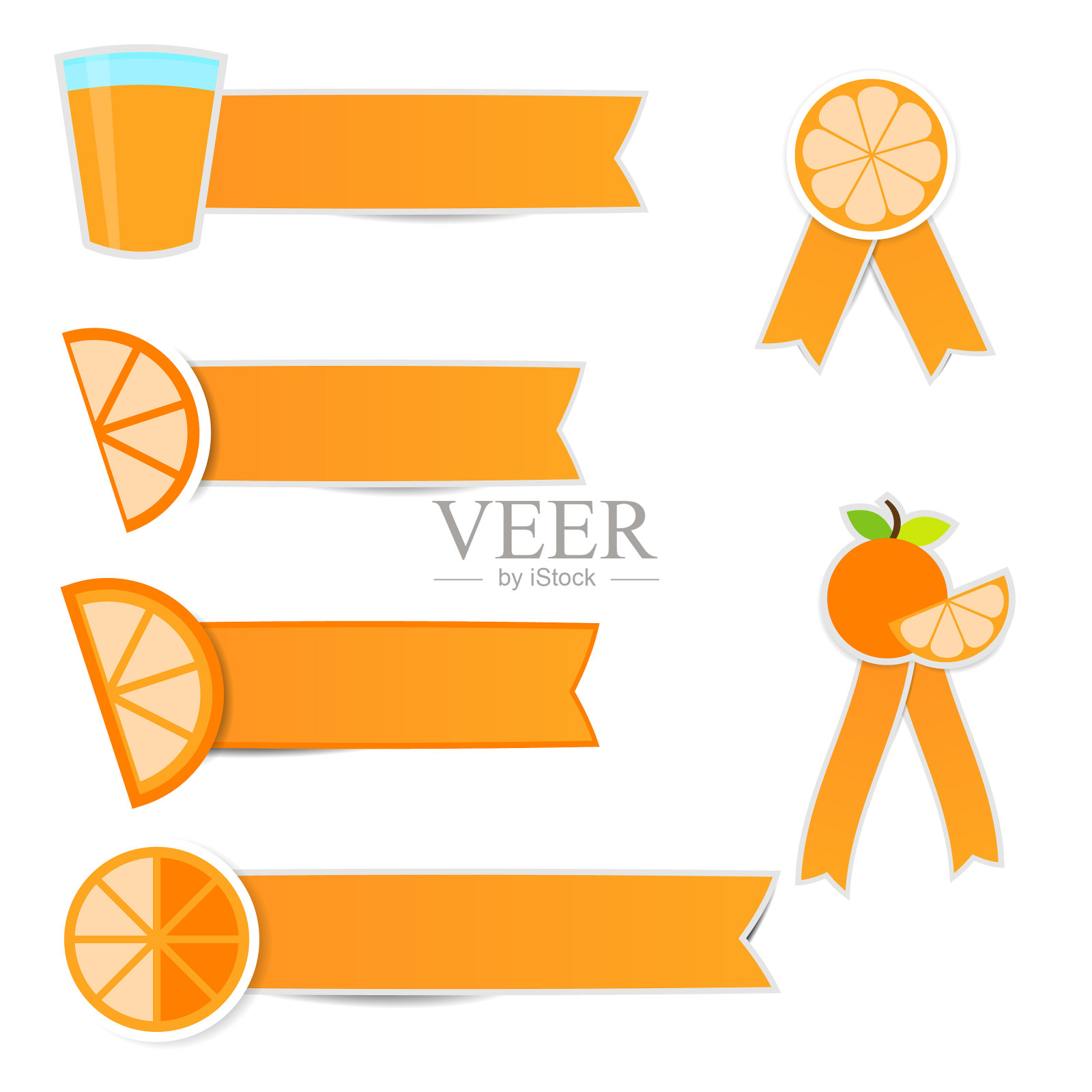 可爱的橙色水果贴纸，白色上有丝带插画图片素材