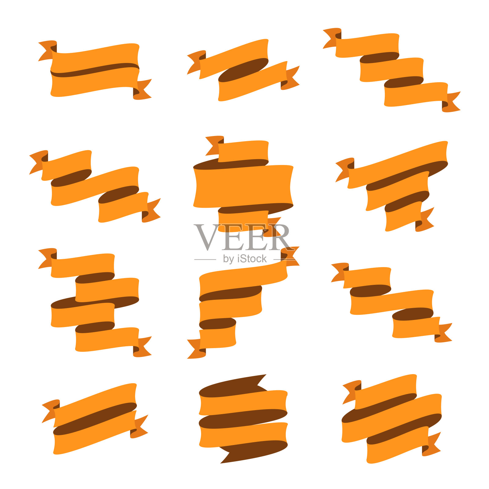 一套橙色丝带，横幅-设计元素在白色的背景插画图片素材
