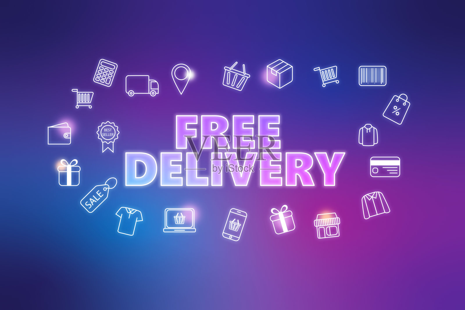 免费送货-电子商务网页横幅上紫色的背景。各种购物图标。插画图片素材