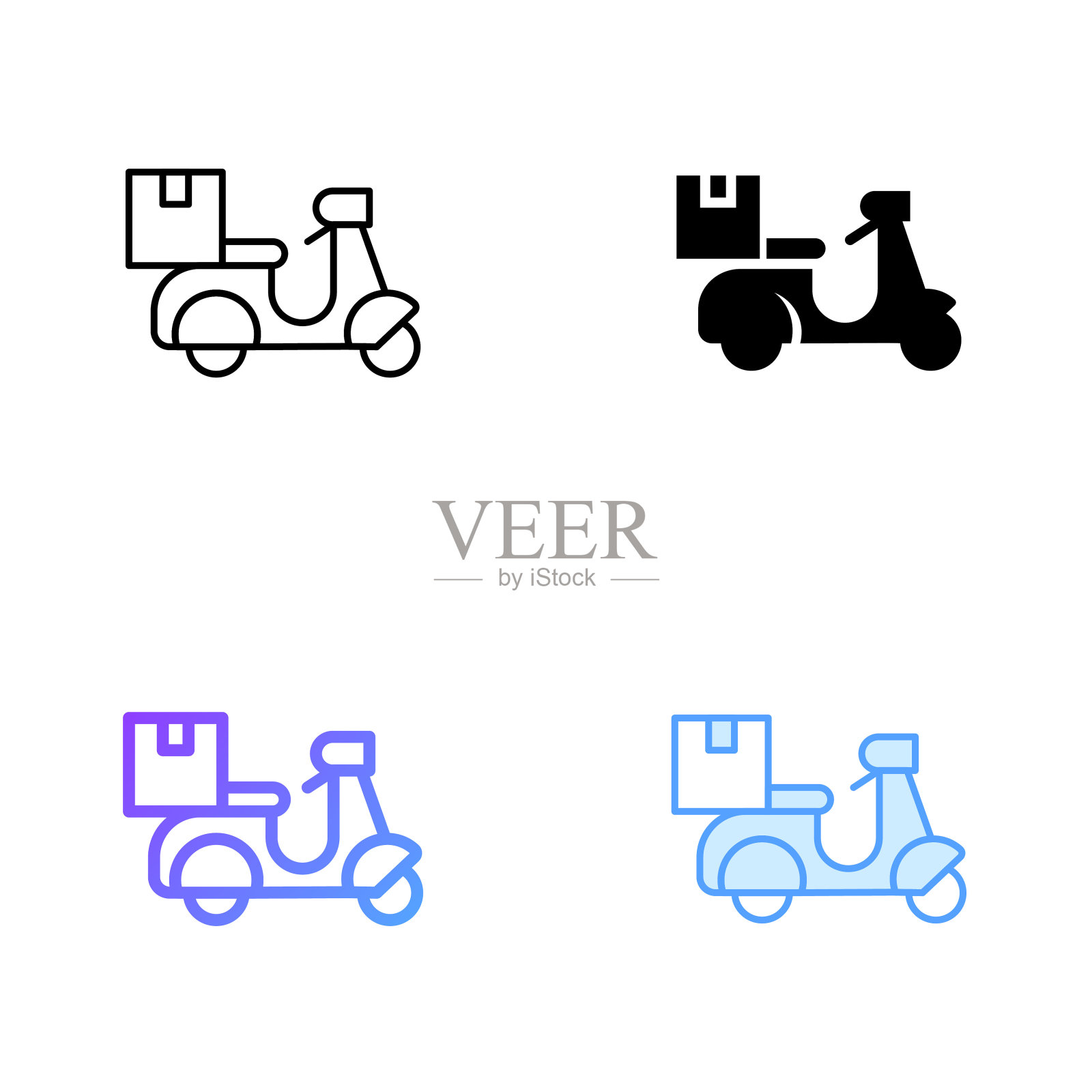 食品送摩托车图标设计在四种风格与可编辑的中风。线，实线，平线和颜色梯度线。适合网页，移动应用，UI, UX和GUI设计。插画图片素材