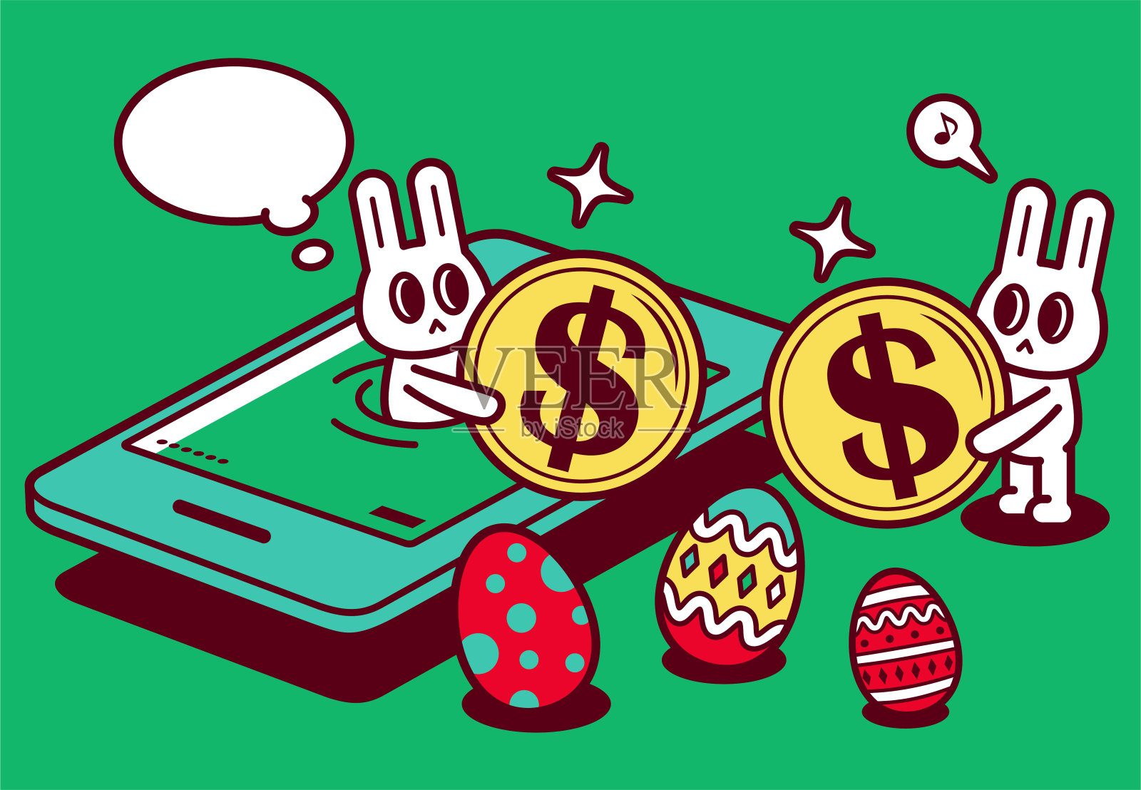 一只快乐的复活节兔子出现在智能手机屏幕上，寄钱和复活节彩蛋插画图片素材