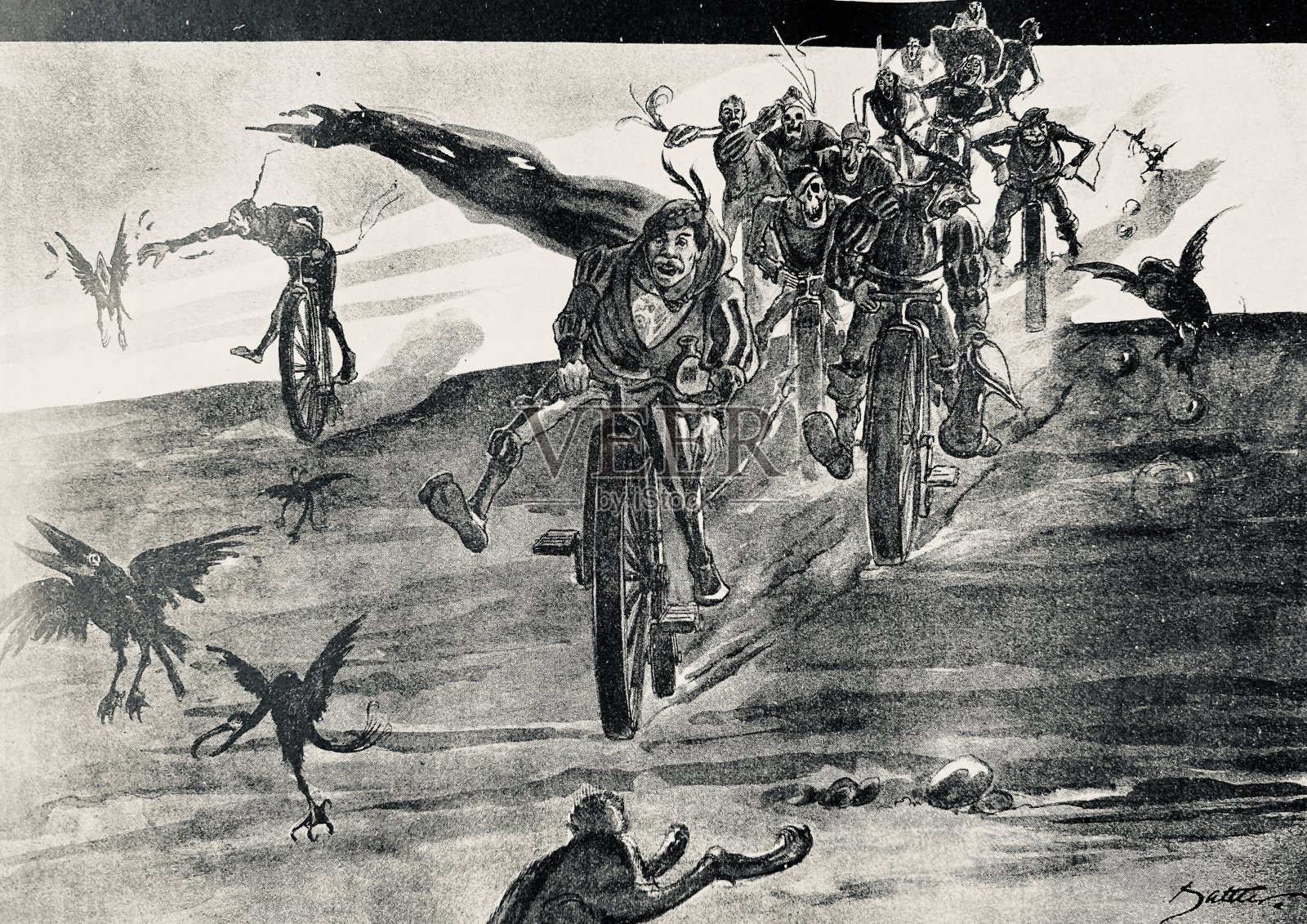 骑自行车的人追着往山下滚的乌鸦插画图片素材