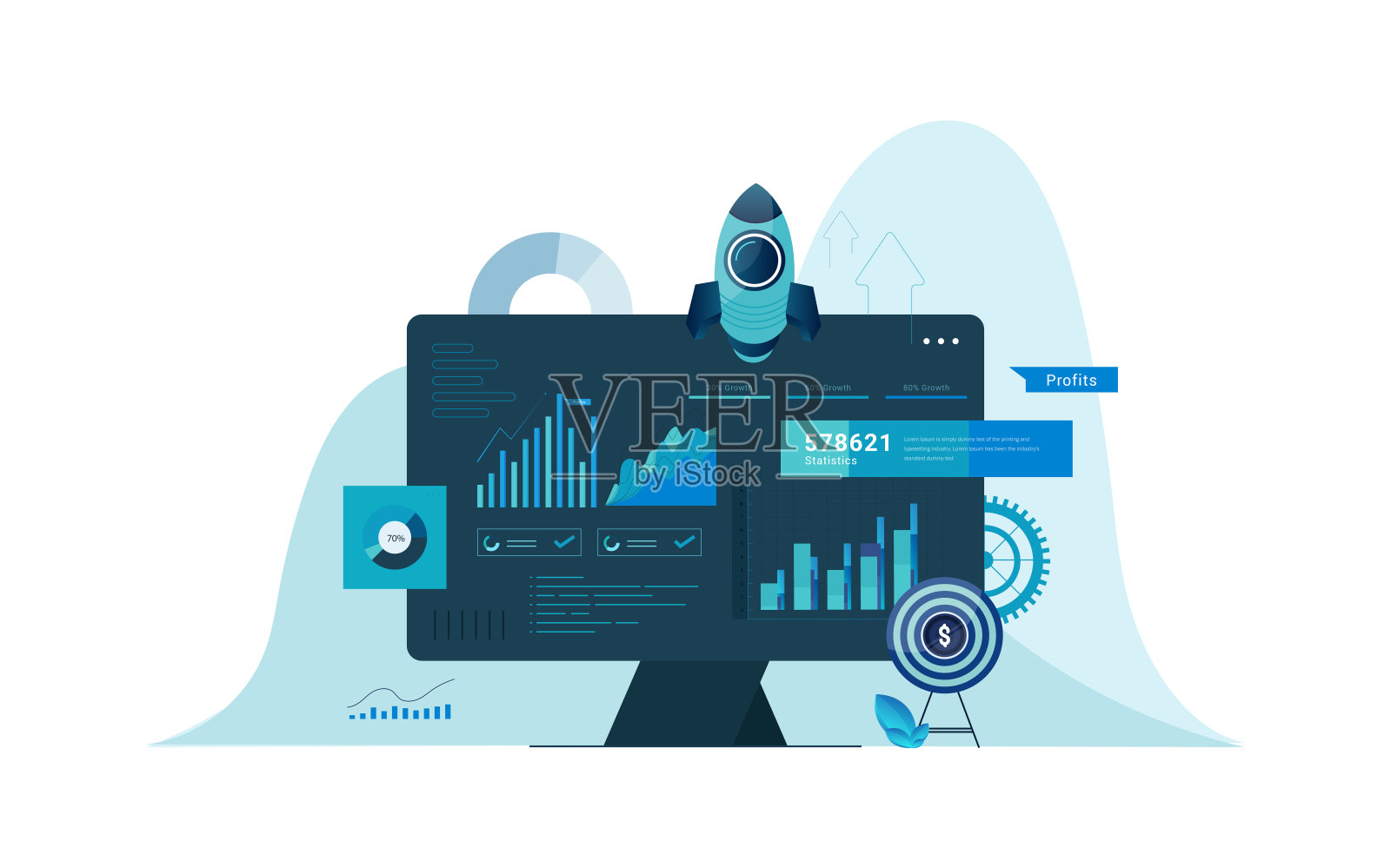 数据统计。网页横幅。图形和分析数据的等距桌面。插画图片素材