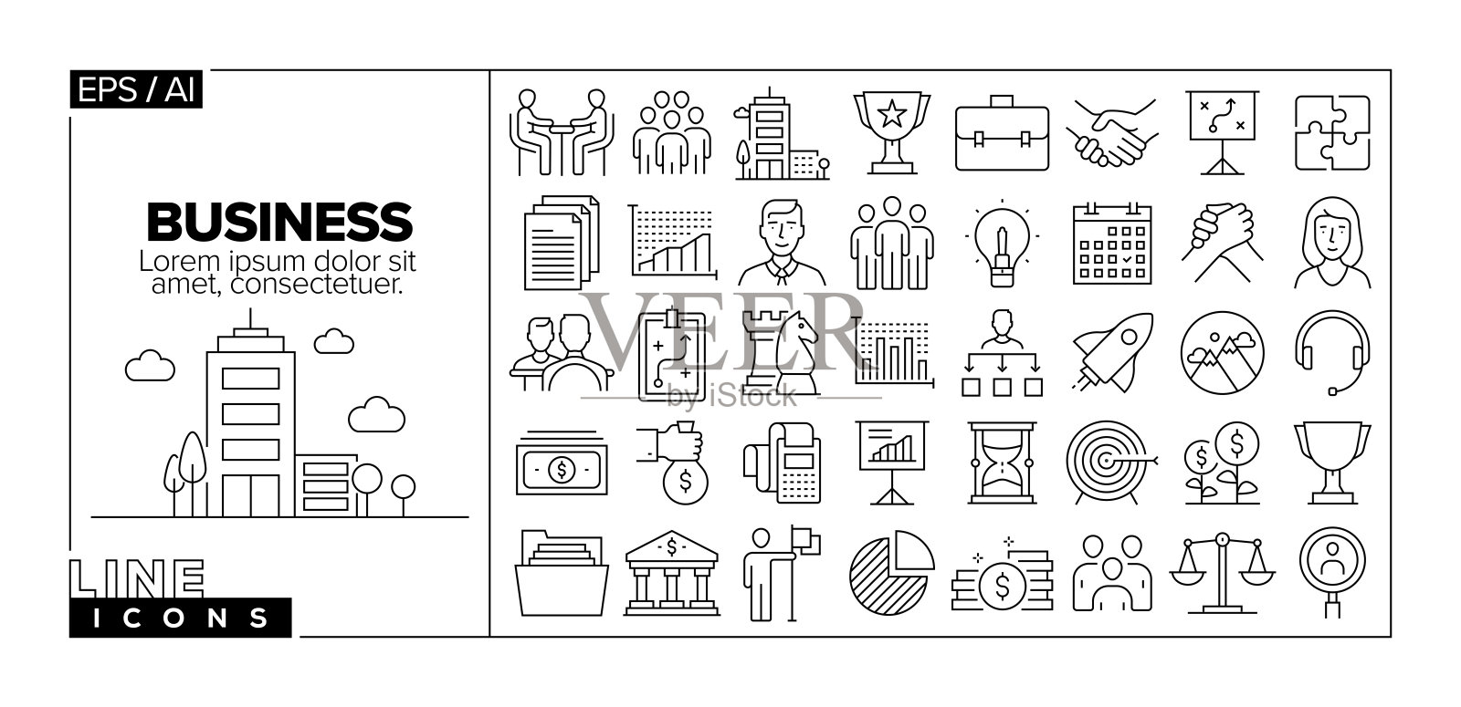 业务相关线路图标集。商人，女商人，团队，伙伴关系，协议，人力资源，办公室，合作，领导者，团队，使命。插画图片素材